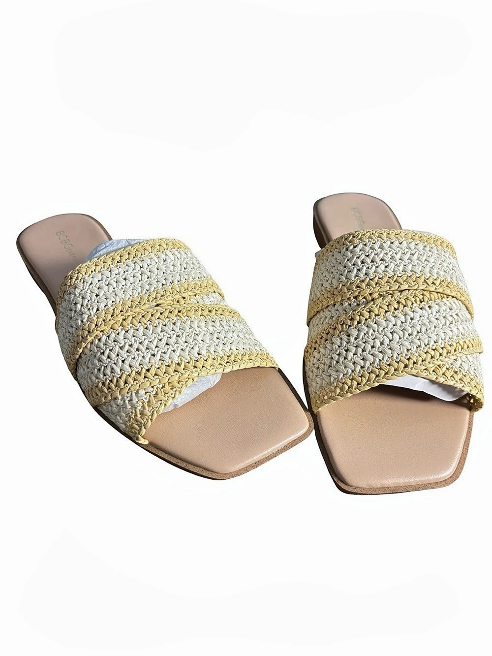BCBGeneration Woven Striped Slide Sandals Cream & Yellow